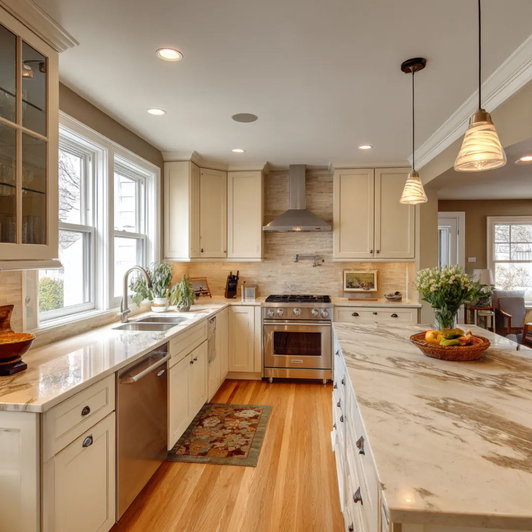 Kitchen remodel with granite countertops, light wood cabinetry, and natural light by Dream Design Building Group Florida