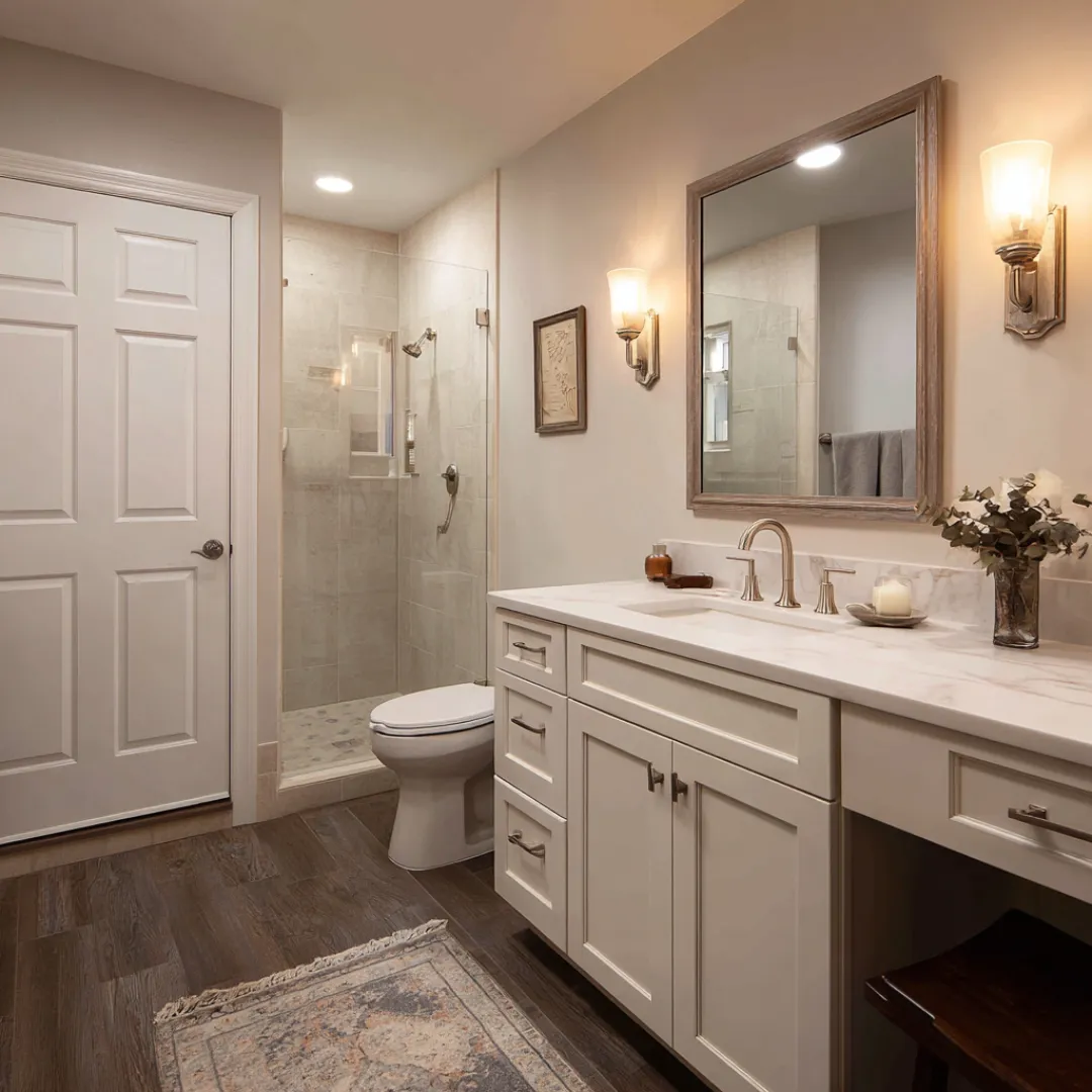 Bathroom remodel with white vanity, modern fixtures, and walk in shower by Dream Design Building Group Jacksonville