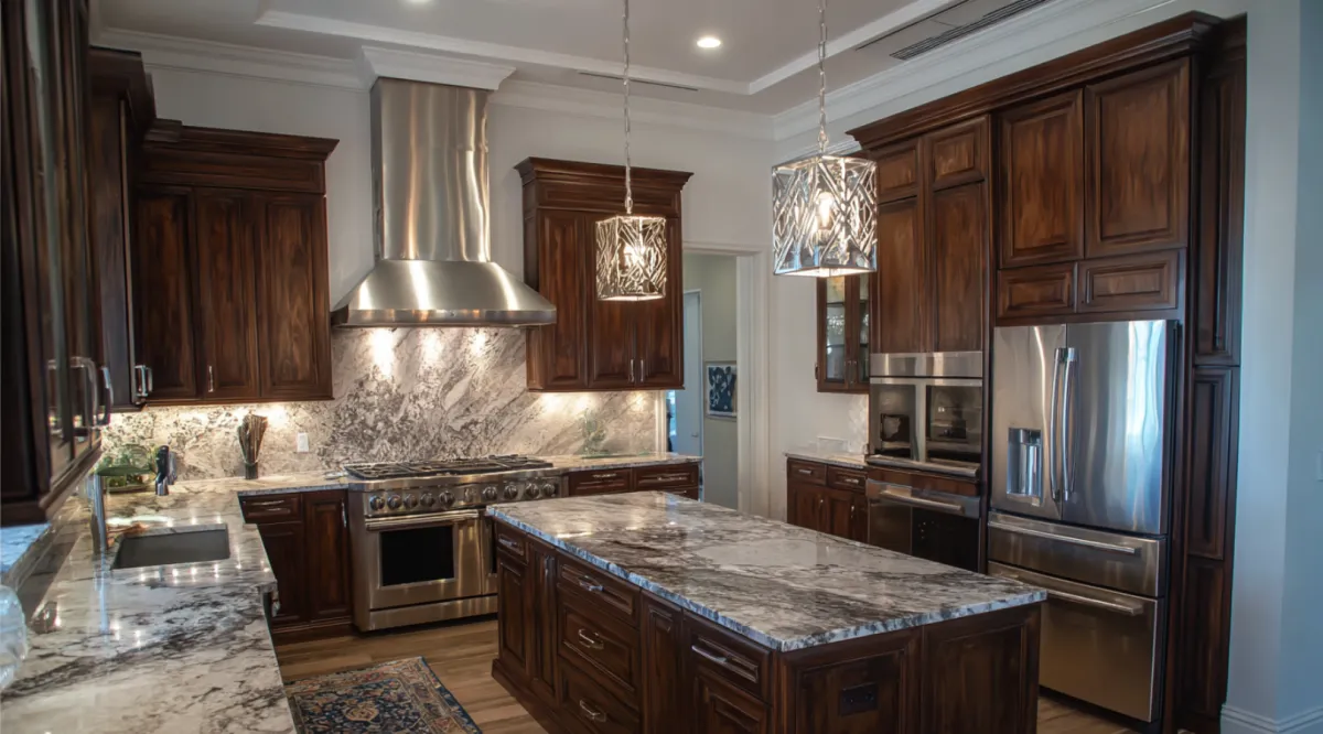 Luxury kitchen remodel with dark wood cabinetry, marble countertops, and stainless steel appliances by Dream Design Building Group Jacksonville Florida