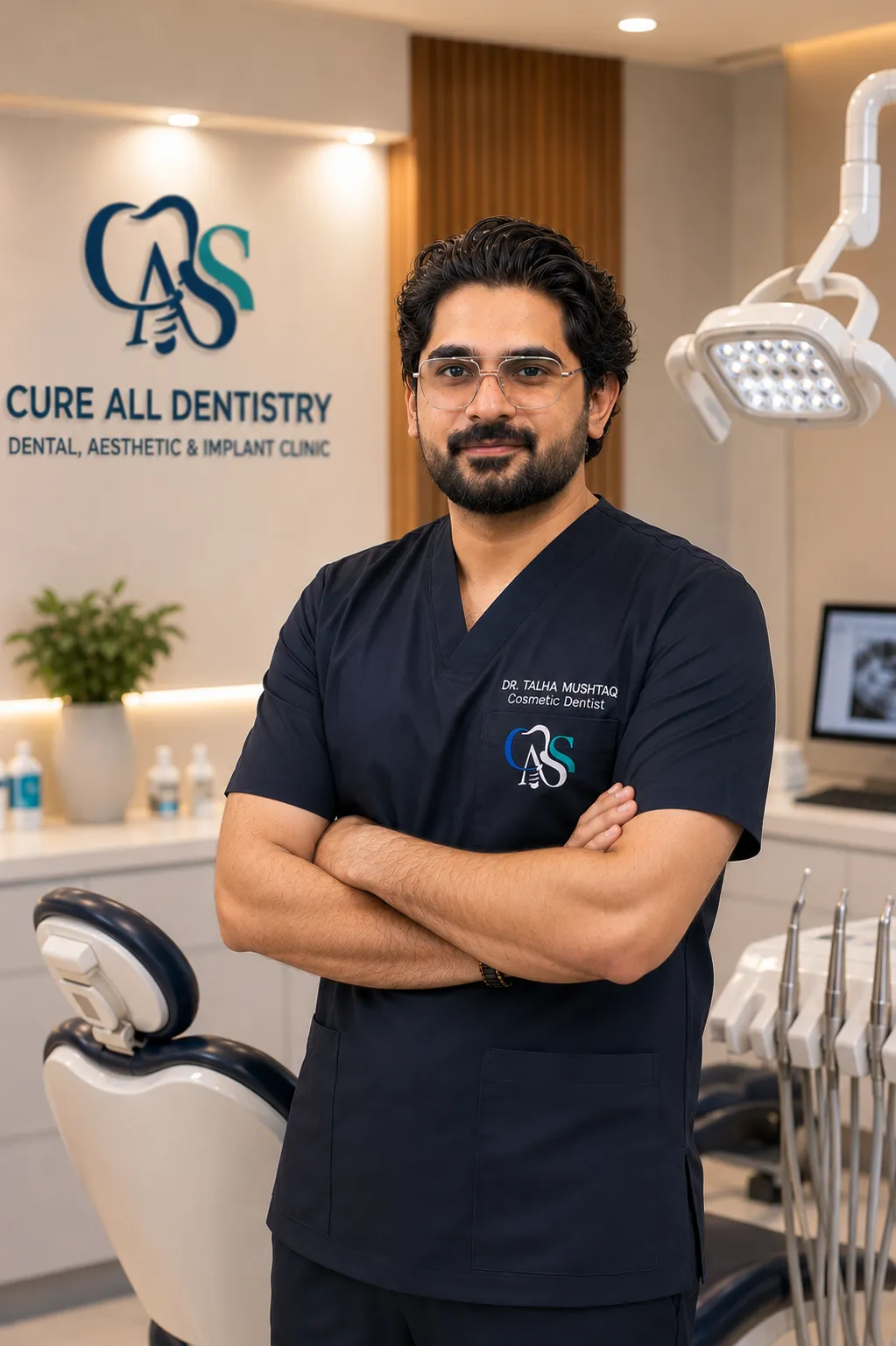 Dr. Ayesha Malik BDS RDS PMDC verified lead dentist at Lahore Dental Studio in clinical scrubs
