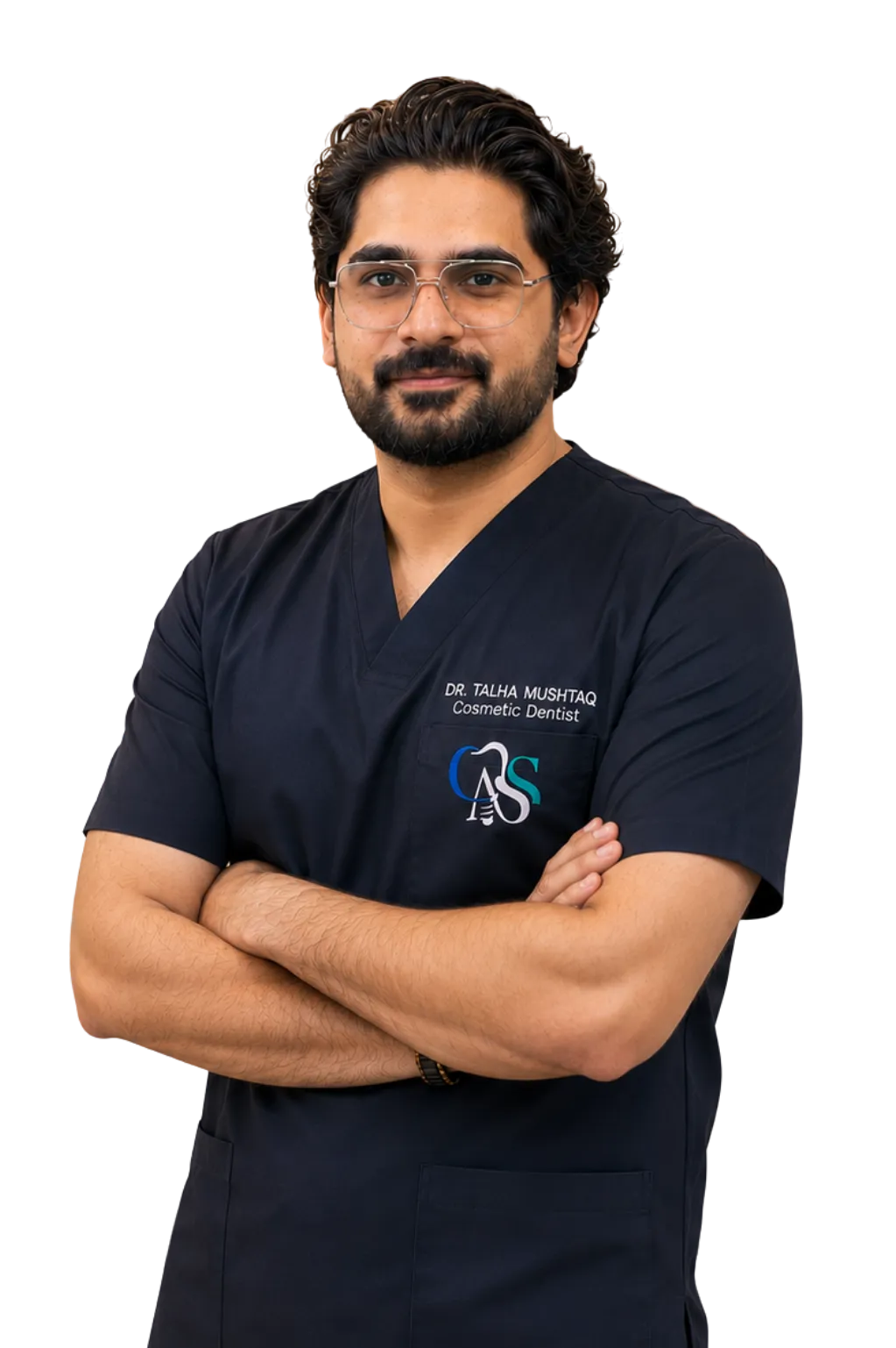 Lead dental surgeon at Lahore Dental Studio smiling warmly in clinical scrubs