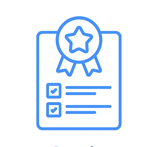 Blue line icon of a checklist with a ribbon and star symbol, representing quality assurance in commercial office cleaning.