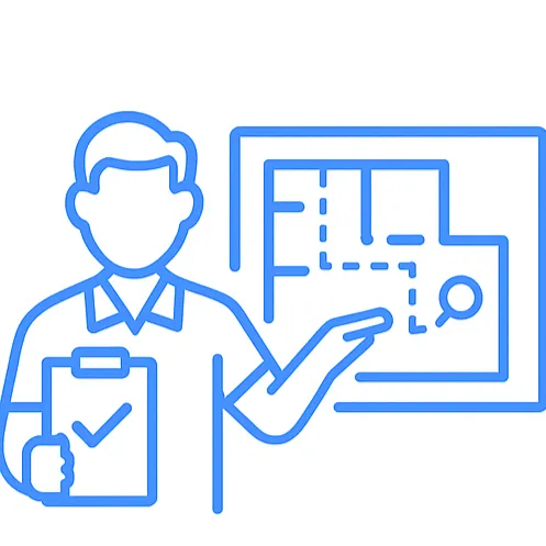 Blue line icon of a person holding a checklist and pointing to an office floorplan, representing initial site assessment for commercial office cleaning.