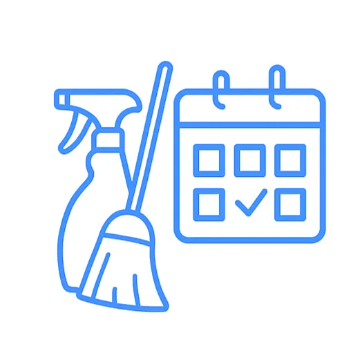 Blue line icon of a spray bottle, broom, and calendar with a checkmark, representing tailored cleaning routines for offices.