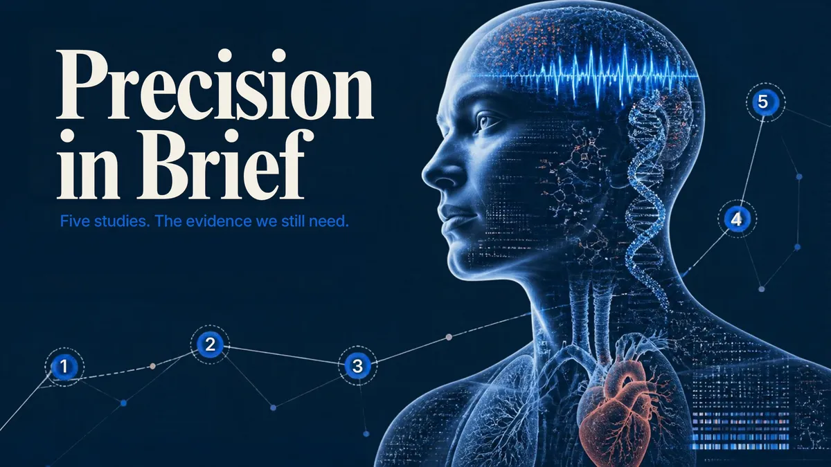 Precision in Brief title overlay featuring a futuristic digital human brain profile with network nodes