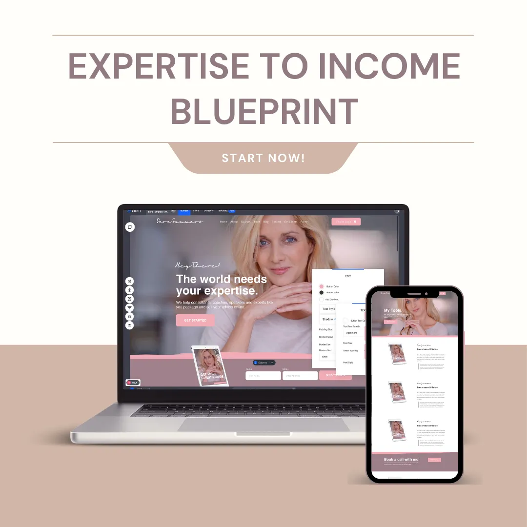 Graphic reading 'Expertise to Income Blueprint' preview on devices