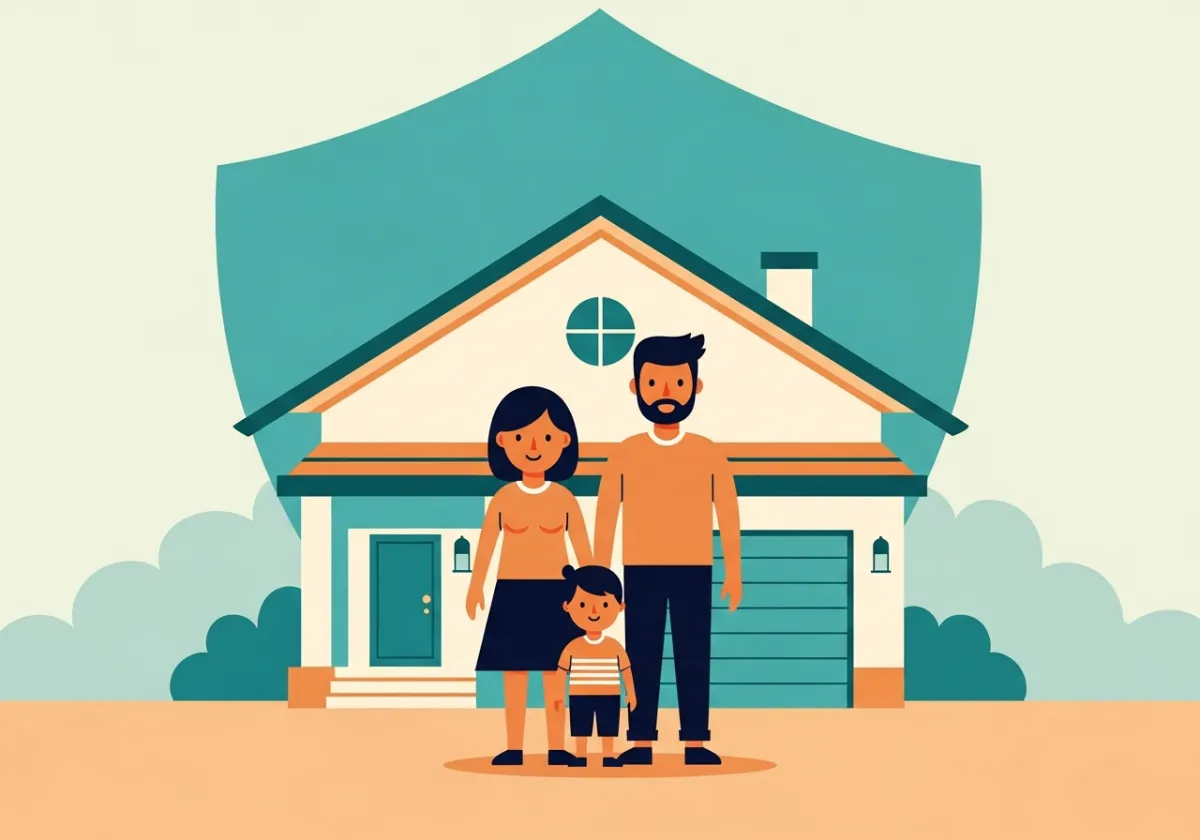 Family of three standing in front of their home protected by a mortgage protection insurance shield