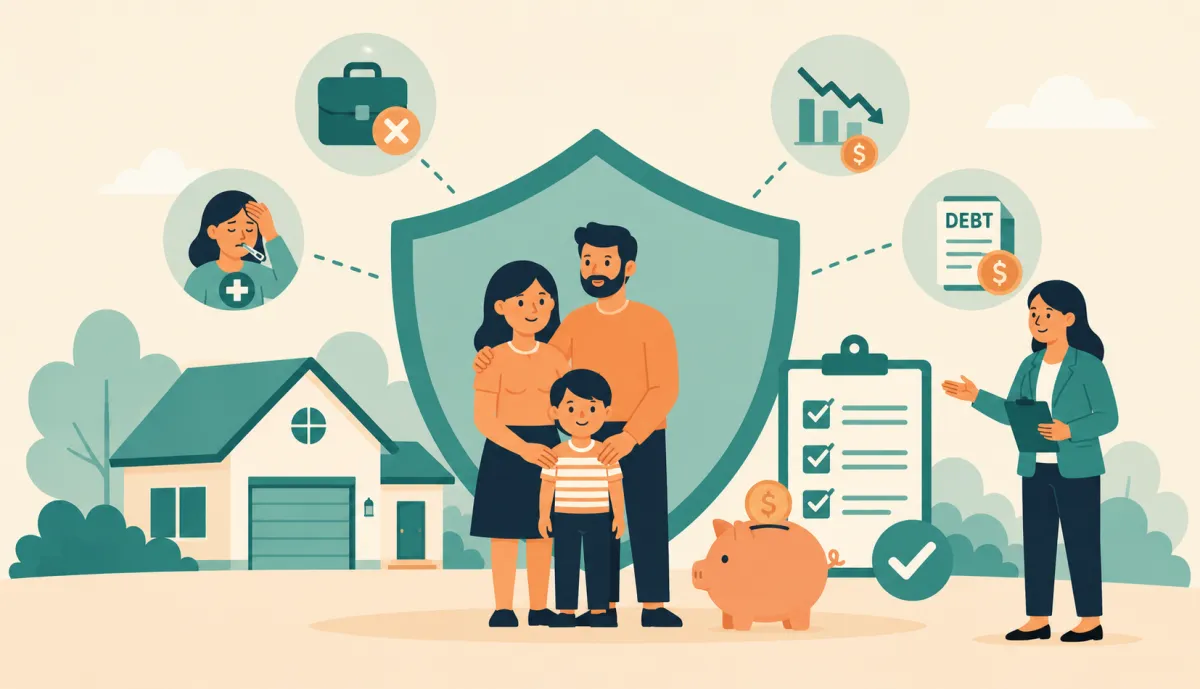 Family of three standing in front of their home protected by a mortgage protection insurance shield