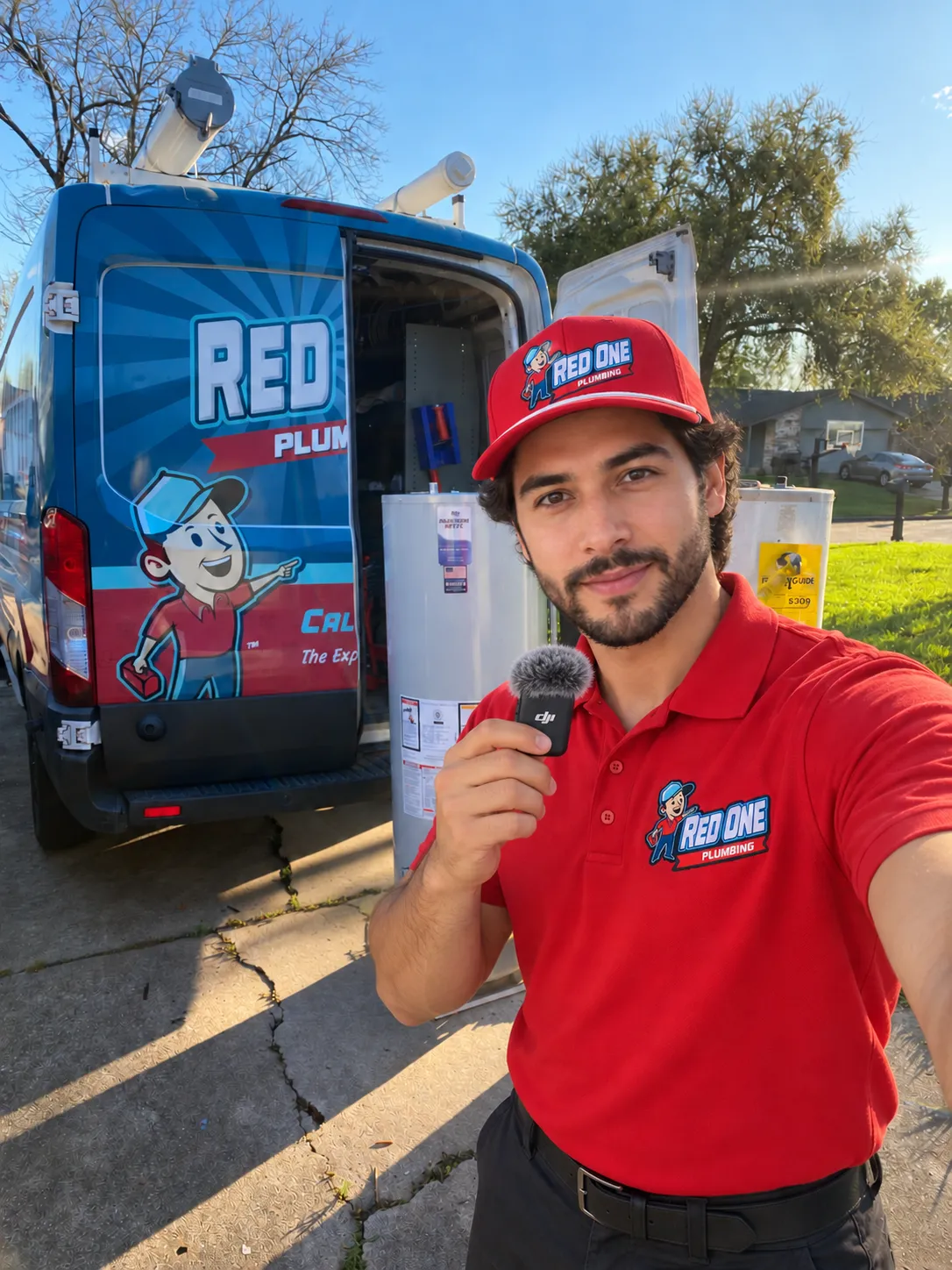This is Rob the hot water due in this picture. The Red One Plumbing service truck is in the back.
