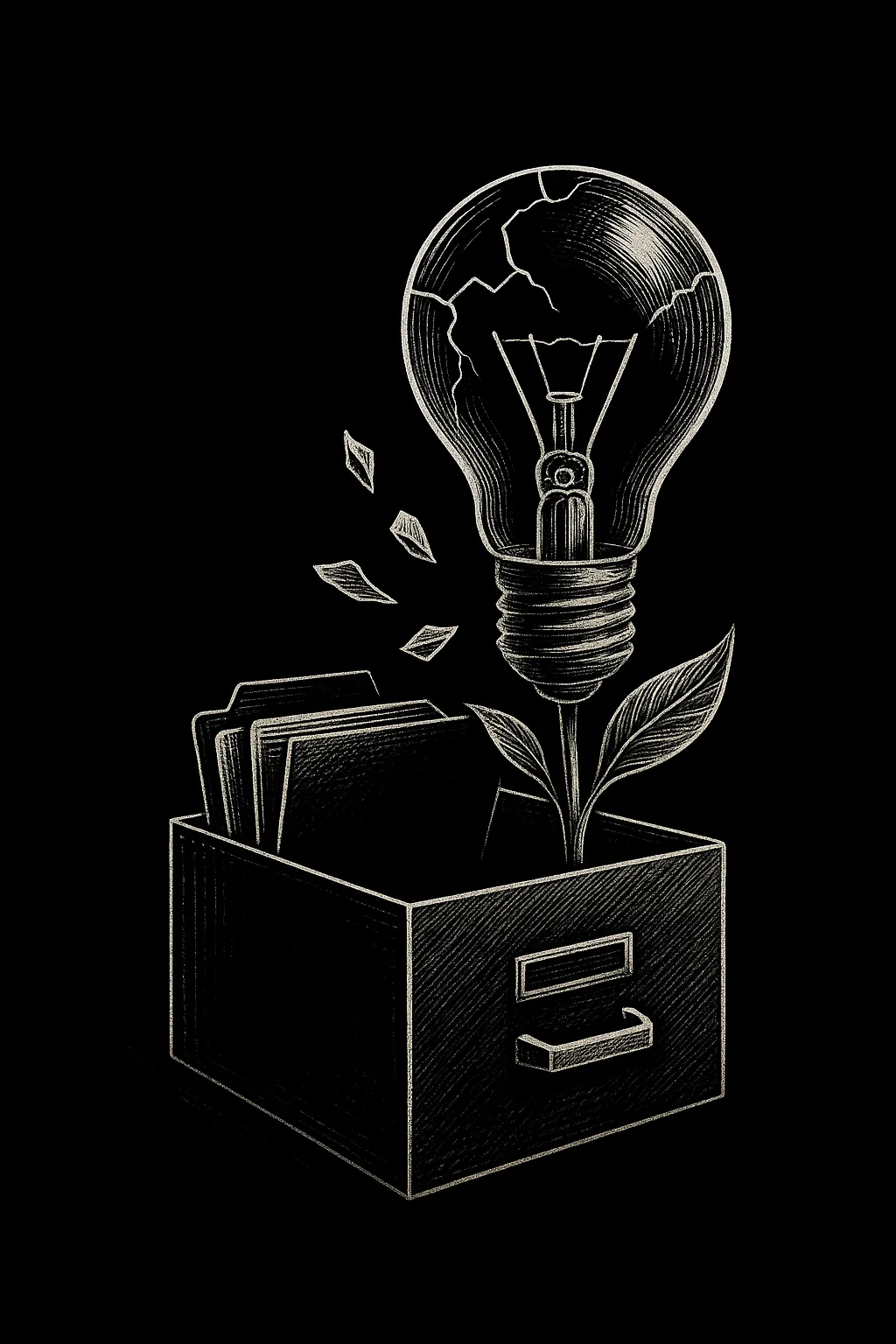 Illustration of a broken lightbulb sprouting from a file drawer, symbolizing transforming stored ideas into powerful content that drives conversions.