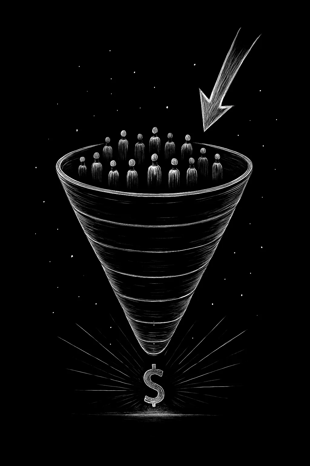 Illustration of a person creating content that drives audience engagement into a conversion funnel with upward growth.