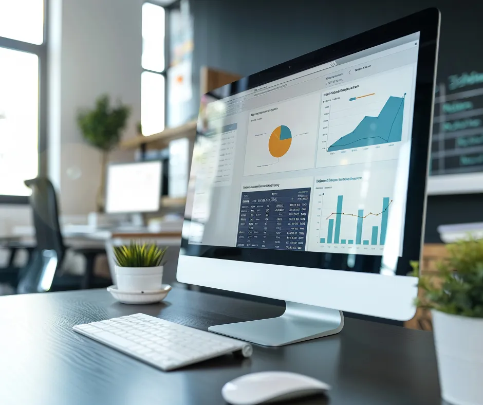 Desktop computer displaying analytics dashboards and performance charts for marketing reporting and optimization.