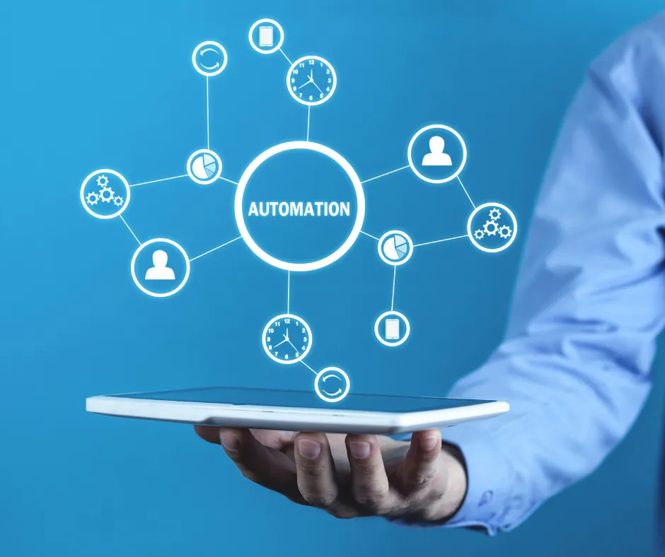 Tablet showing automation icons representing CRM automation, workflows, and marketing system integrations