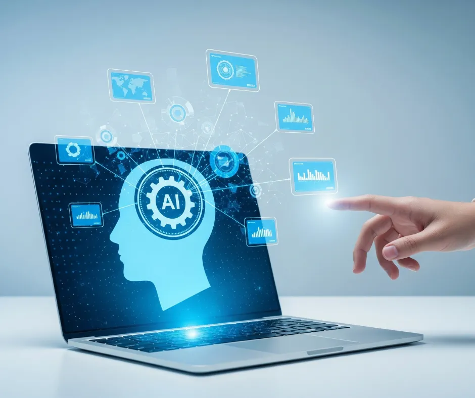 Laptop screen with artificial intelligence graphic representing AI-powered marketing and automation solutions.