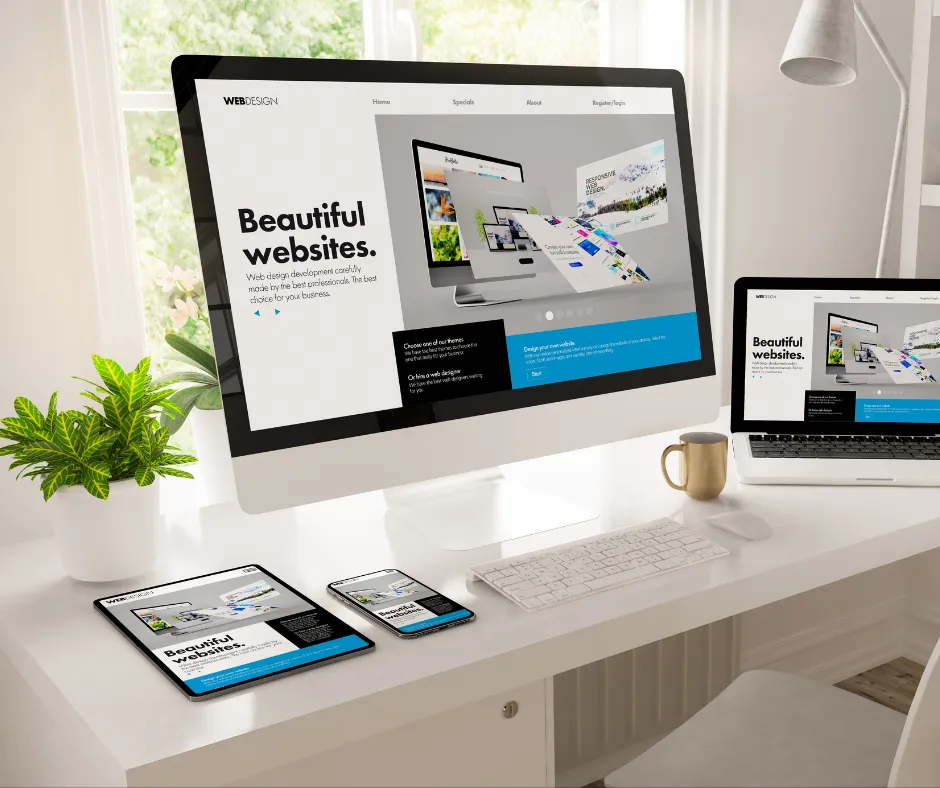 Responsive website design displayed on desktop, tablet, and mobile devices for professional website development services.