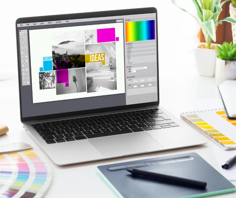 Laptop displaying design software and color palettes used for graphic design and brand identity services