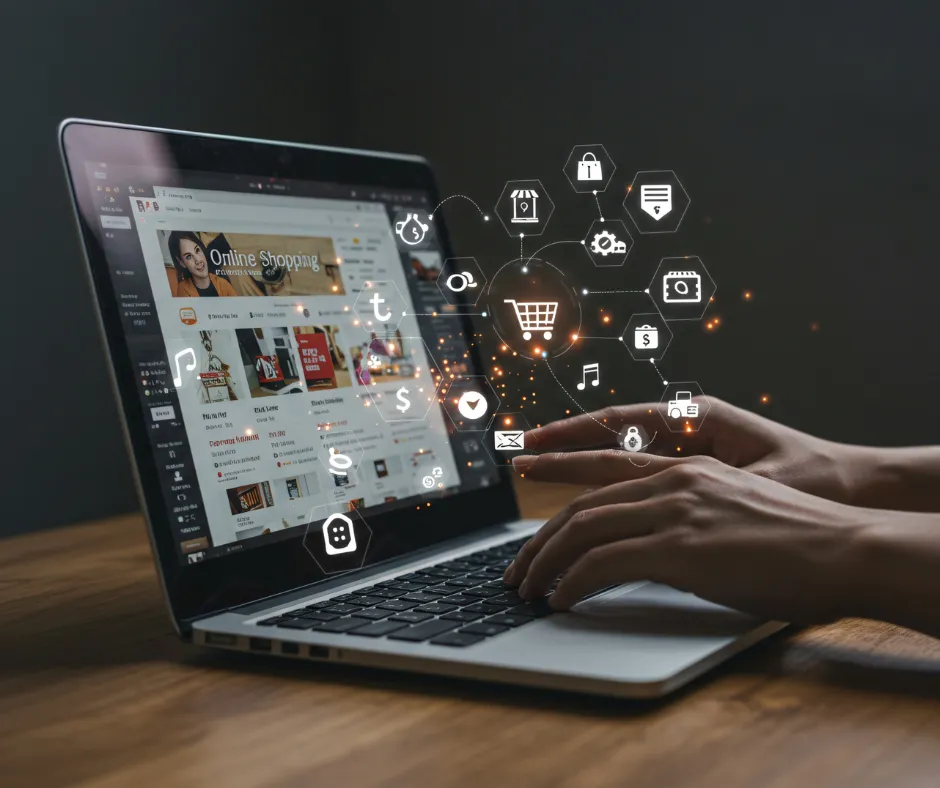 Hands typing on a laptop with e-commerce icons representing online store marketing and digital sales optimization.