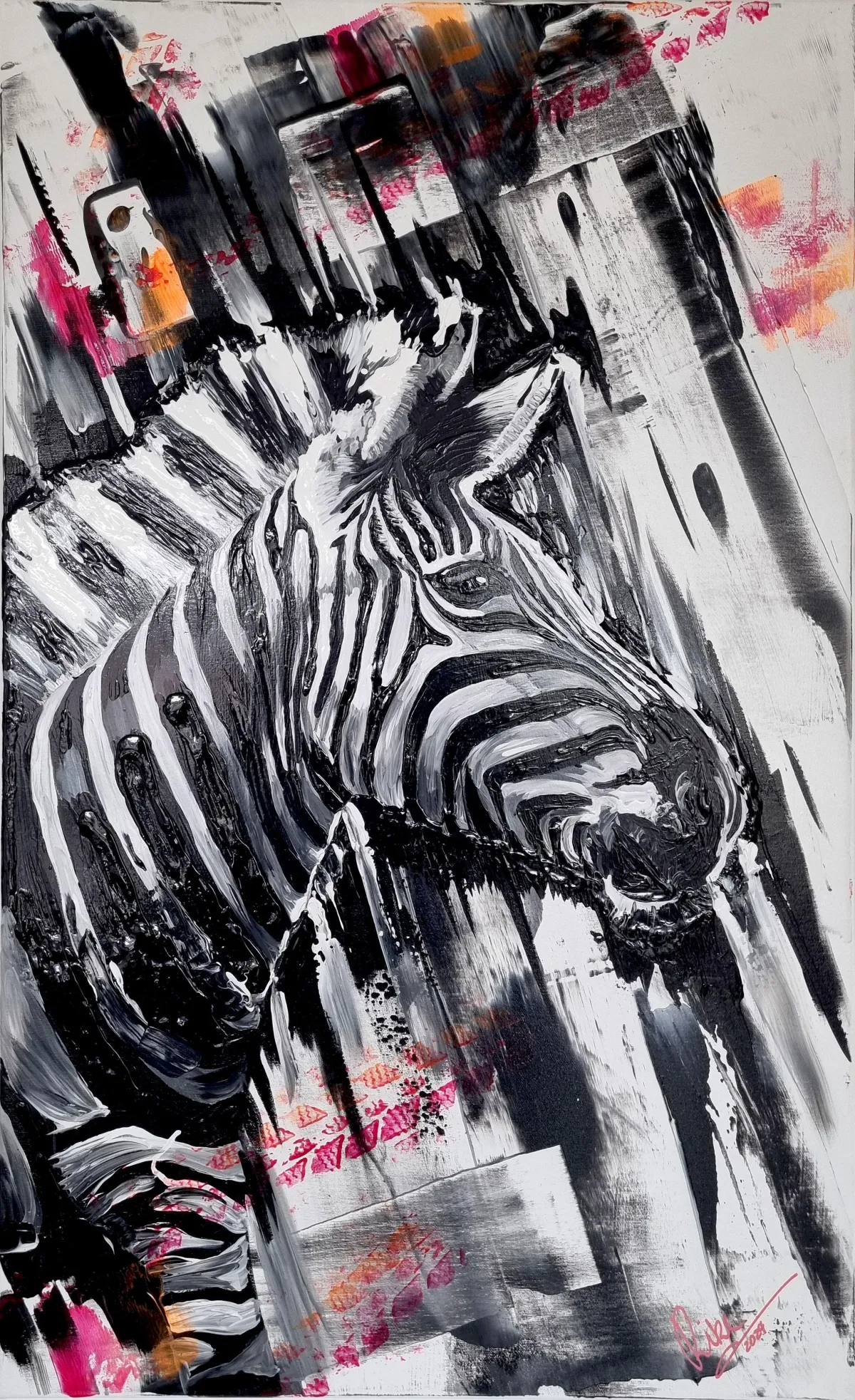 Acrylgemälde ‚Zebra 2‘ von Rike Wölke: Zebra im Halbprofil in gestischen Schwarz-Weiß-Zügen, schräge Bewegungsbahnen und neonpinke/orange Reifenabdrücke als urbane Eingriffe (60×100 cm, 2024).