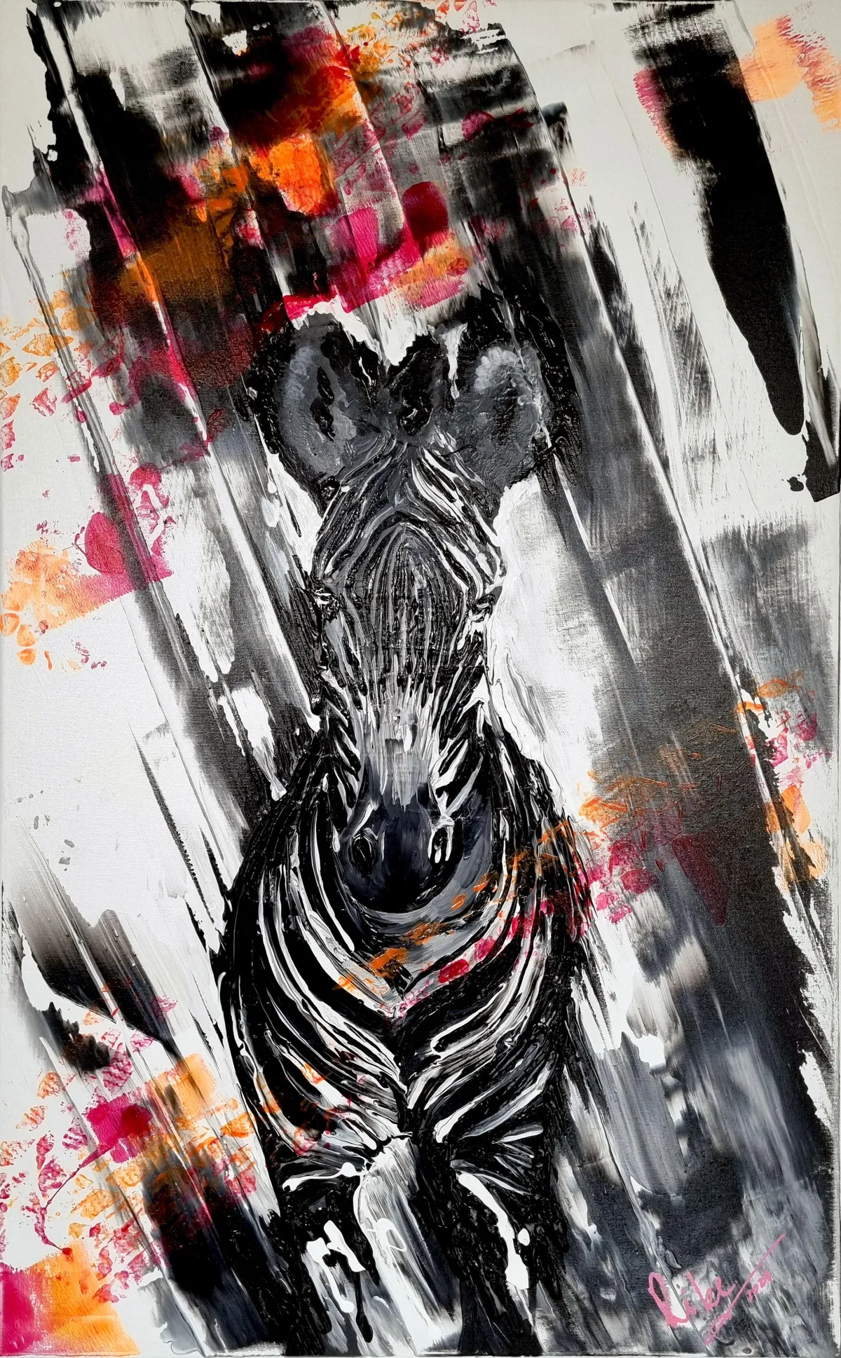 Acrylgemälde ‚Zebra 1‘ von Rike Wölke: frontal angelegtes Zebra in gestischen Schwarz-Weiß-Zügen, diagonale Bewegungsbahnen, neonfarbene Reifenspuren in Pink und Orange (60×100 cm, 2024).