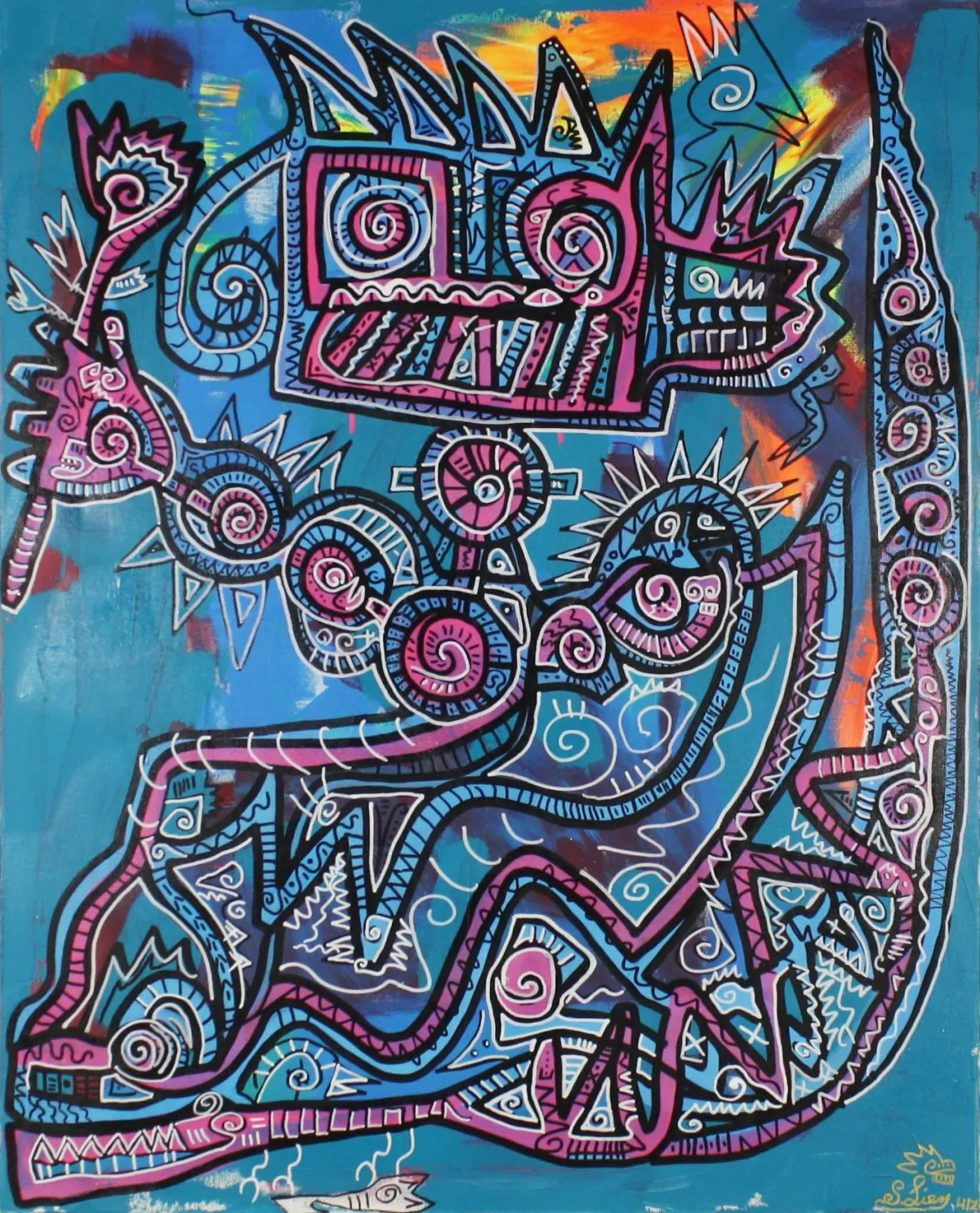 Captain Neptun, Acryl auf Leinwand, 80 × 100 cm, 2025, von Sven Liesy: Abstraktes Gemälde in kräftigen Blau- und Pinktönen mit spiralförmigen Mustern, organischen Linien und dynamischen Formen, die eine mythische Unterwasserfigur assoziieren.