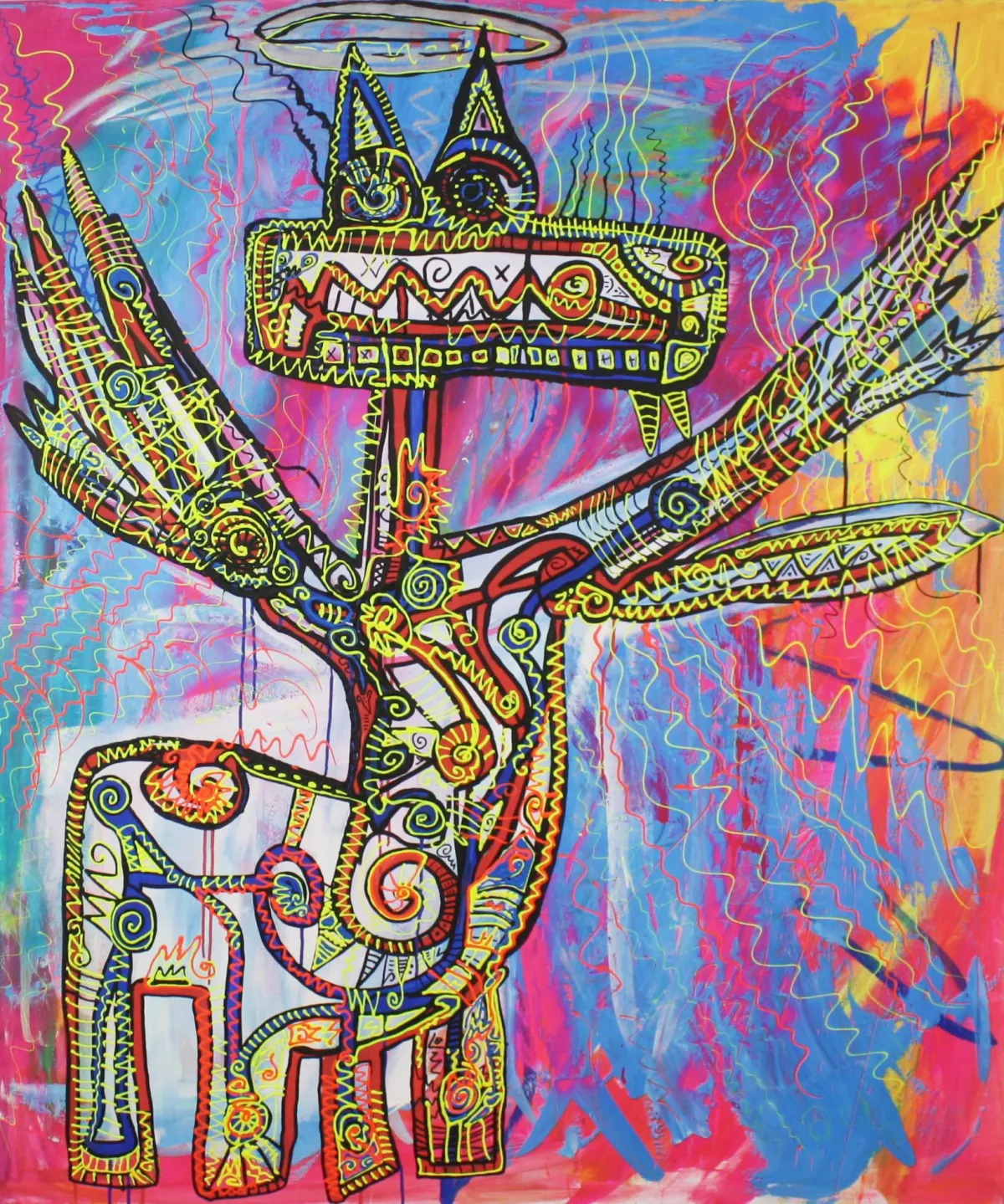 Crazy Red Bull von Sven Liesy, Acrylgemälde auf Leinwand, 40 × 80 cm, 2025: Zeitgenössische abstrakte Kunst in kräftigen Rot-, Orange- und Gelbtönen mit maskenhaftem Bullenmotiv, geometrischen Formen und dynamischer Urban-Art-Ästhetik – einzigartiges Unikat für Sammler:innen.