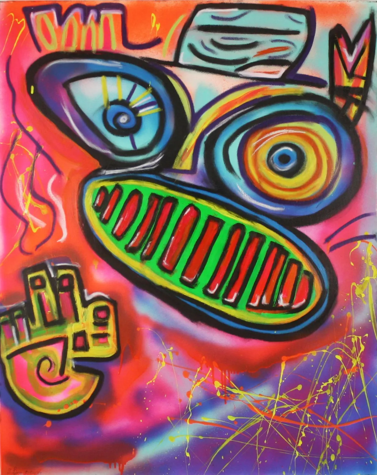 Crazy Red Bull von Sven Liesy, Acrylgemälde auf Leinwand, 40 × 80 cm, 2025: Zeitgenössische abstrakte Kunst in kräftigen Rot-, Orange- und Gelbtönen mit maskenhaftem Bullenmotiv, geometrischen Formen und dynamischer Urban-Art-Ästhetik – einzigartiges Unikat für Sammler:innen.