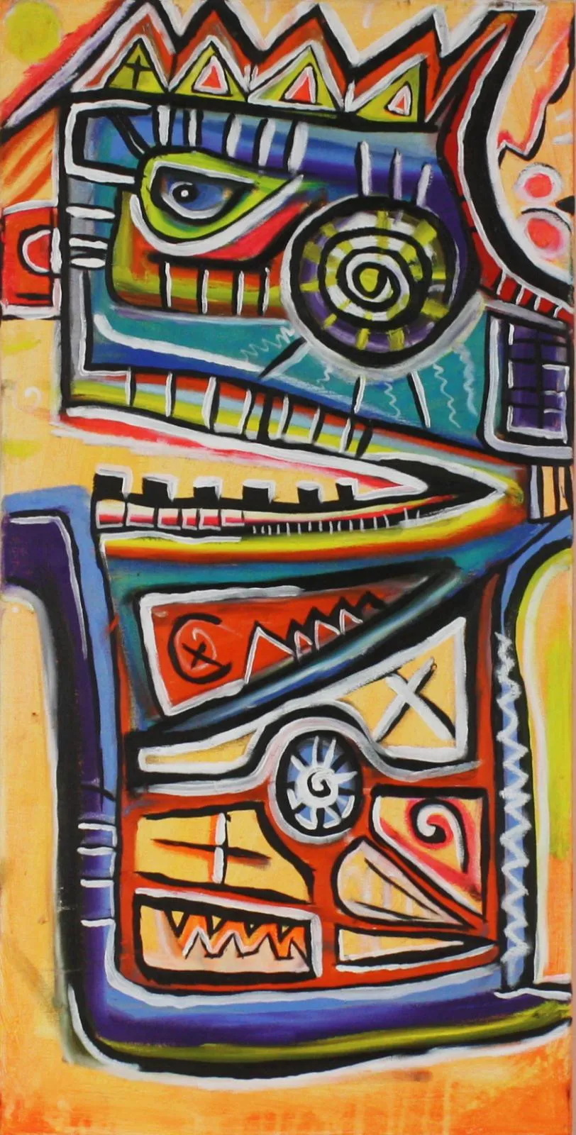 Crazy Red Bull von Sven Liesy, Acrylgemälde auf Leinwand, 40 × 80 cm, 2025: Zeitgenössische abstrakte Kunst in kräftigen Rot-, Orange- und Gelbtönen mit maskenhaftem Bullenmotiv, geometrischen Formen und dynamischer Urban-Art-Ästhetik – einzigartiges Unikat für Sammler:innen.