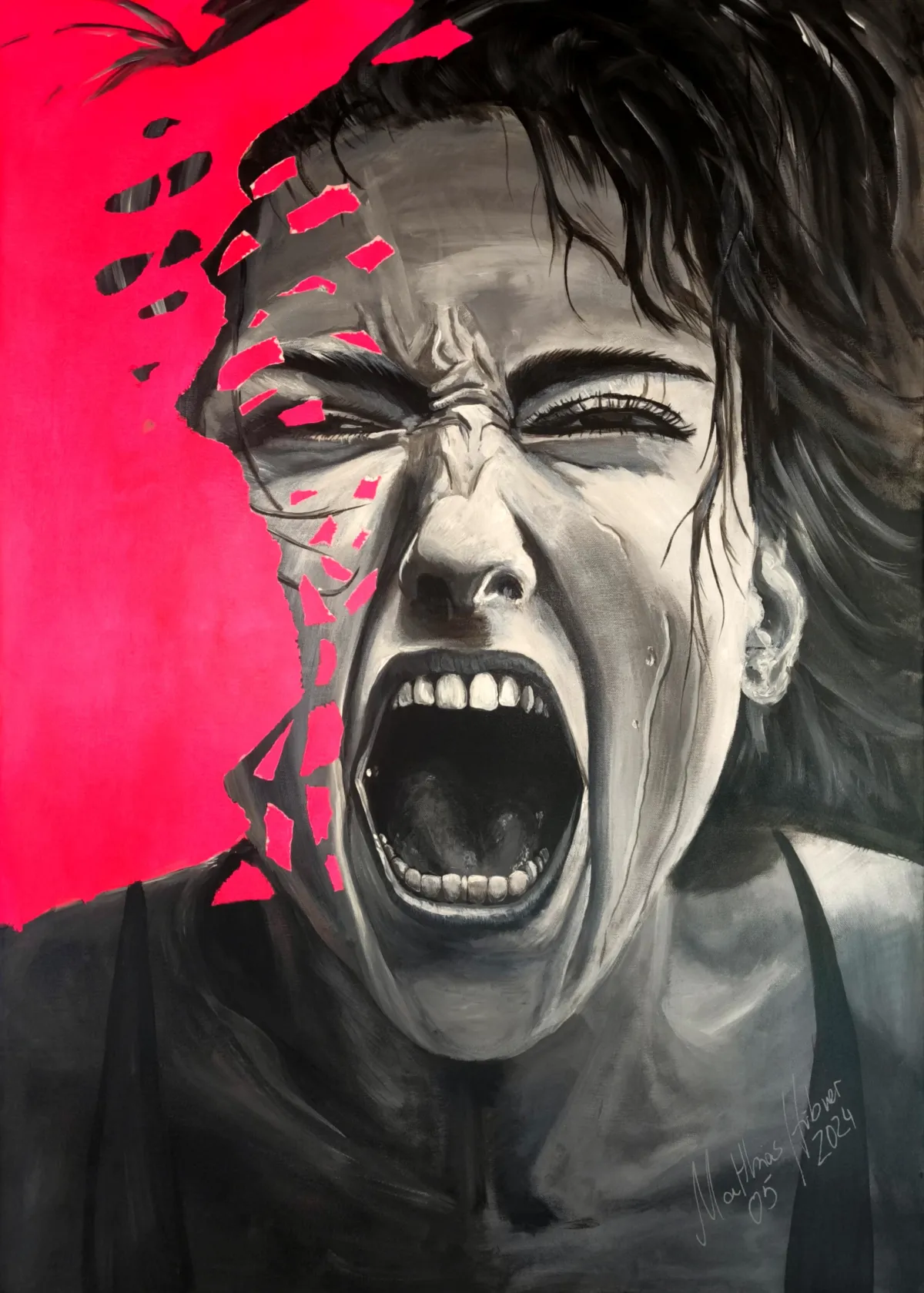 Monochromes Schrei-Porträt im Close-up; linke Gesichtshälfte zerfällt in ein neonpinke Fläche, Tränenbahnen sichtbar – ‚Neon Scream‘ von Matthias Hübner (2024).