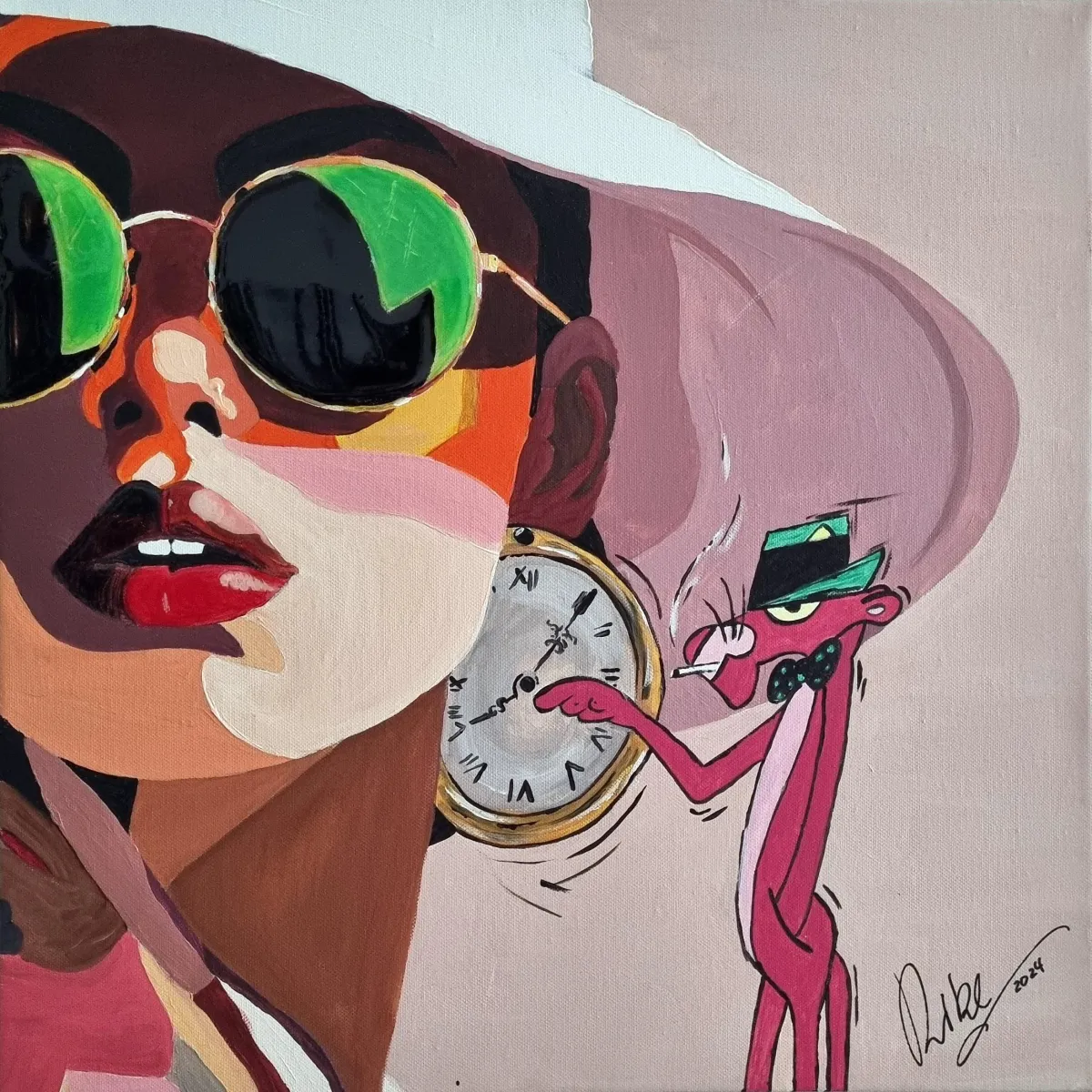 Mixed-Media-Gemälde ‚Wer hat an der Uhr gedreht‘ von Rike Wölke: Frauenporträt mit grünen Spiegel-Sonnenbrillen und roten Lippen, Pink Panther zeigt auf Taschenuhr; Brille und Lippen glänzend mit Epoxid-Harz veredelt.