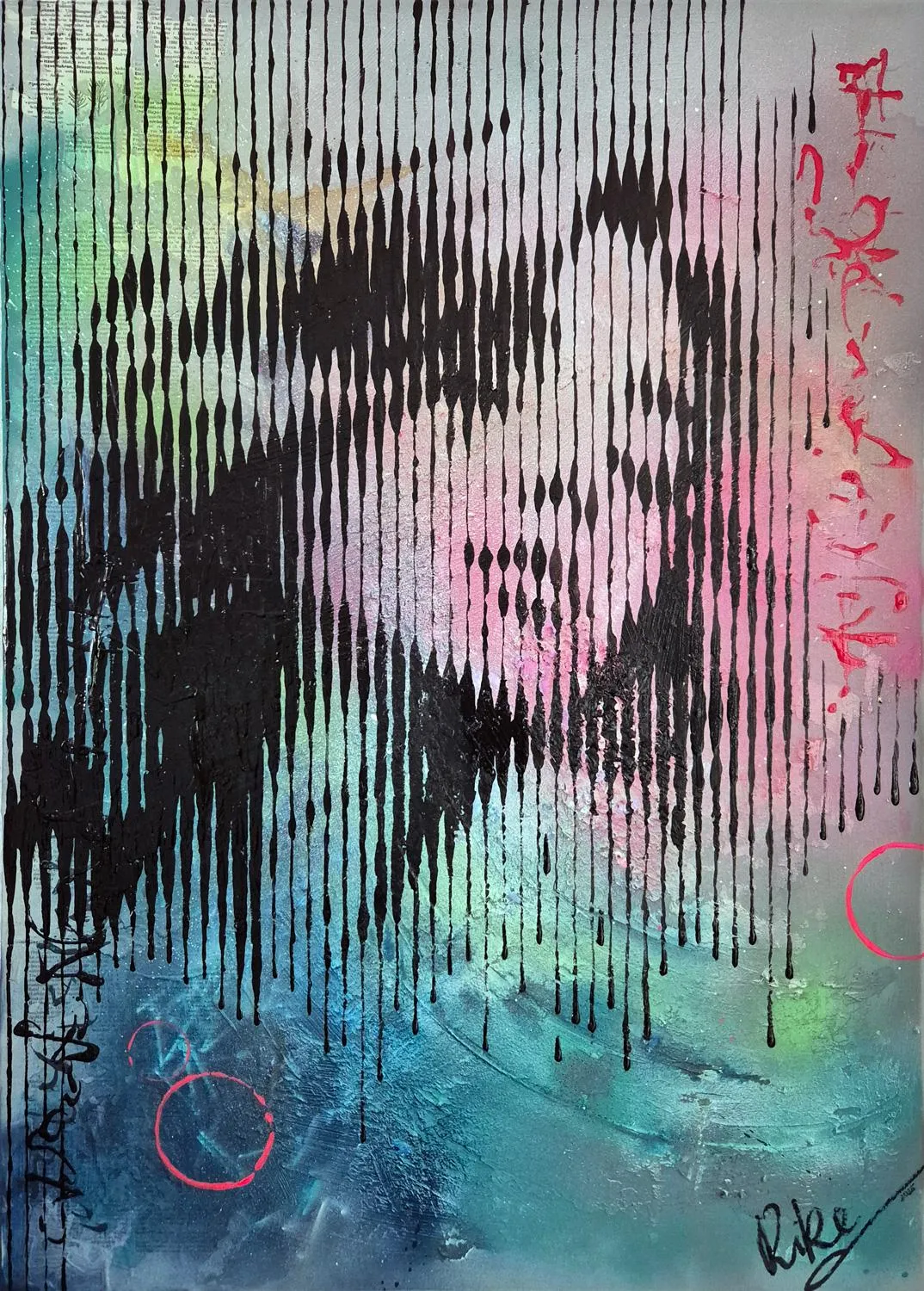 Acrylgemälde ‚Träumende Tropfen‘ von Rike Wölke: vertikale schwarze Tropflinien auf pastellgrün-blau-rosafarbenem Hintergrund formen aus der Distanz das Gesicht einer träumenden jungen Frau (85×60 cm).