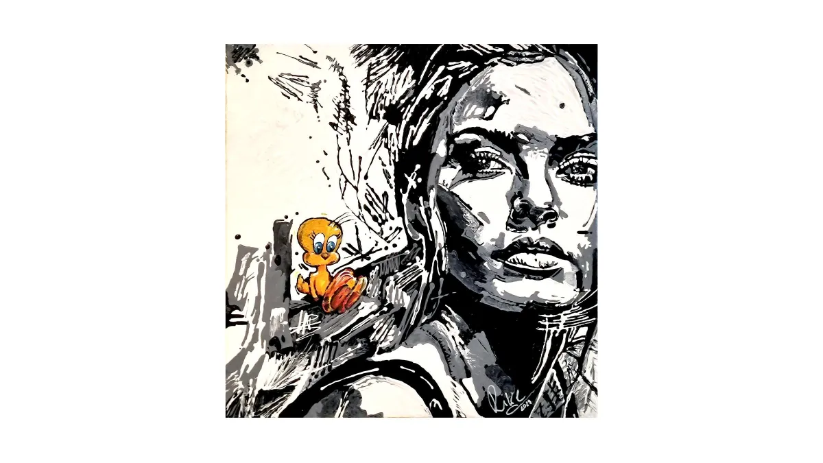 Acrylgemälde ‚Schulterblick (Throw Back)‘ von Rike Wölke: monochrome, tropfend gezogene Linien formen ein Frauenporträt; farbiger Tweety sitzt auf der Schulter und blickt optimistisch nach vorn (50×50 cm, 2023)