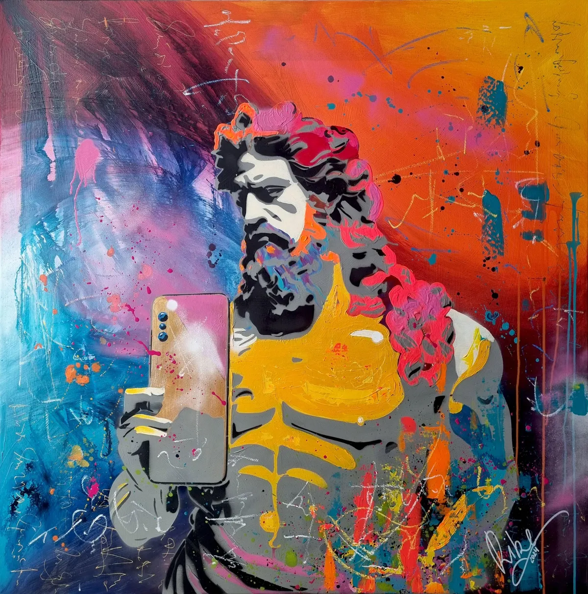 Acryl- und Stencil-Gemälde ‚Selfie‘ von Rike Wölke: klassisch anmutende Figur hält Smartphone vor leuchtendem Orange-Blau-Hintergrund mit Spritzern und Marks (130×130 cm).