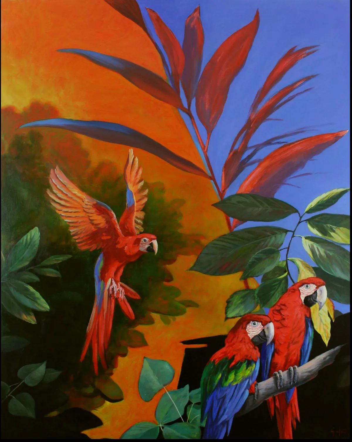 „Aras im Regenwald“ von Erich Graf: drei farbintensive Aras vor großflächigem Blattwerk, zwei sitzend, einer im Flug; Öl auf Leinwand, 80×100 cm.