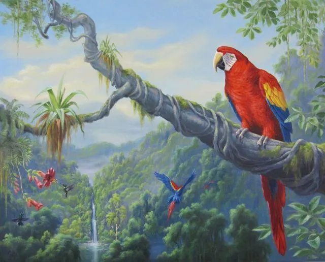 „Aras Amazonas“ von Erich Graf: roter Ara auf mächtigem Ast über üppigem Regenwald mit Wasserfall; weitere Aras im Flug, Öl auf Leinwand, 100×100 cm.
