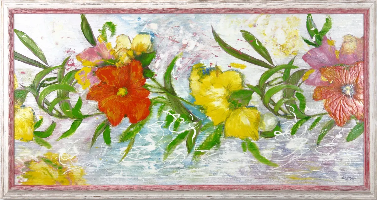 Panorama aus dicht gesetzten Rosen in Rot, Creme, Rosé und Apricot mit lackglänzenden Schichten; Lacktechnik auf Leinwand, 50 × 100 cm, im Retro-Rahmen, von Christine Graf.