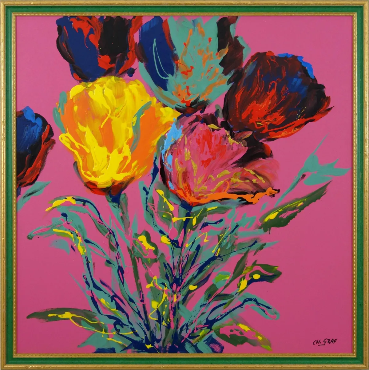 Leuchtendes Tulpenbouquet in Gelb, Rot, Türkis und Blau vor magentafarbenem Hintergrund; dynamische Blätter und gelbe Spritzer. Lacktechnik auf Leinwand, 60 × 60 cm, Christine Graf.