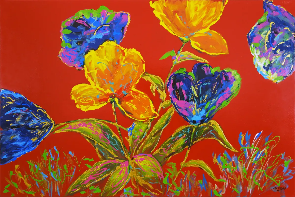 Großformatige rote Mohnblüten vor hellblauem Hintergrund mit grünen Stängeln und dynamischen Linien; Lacktechnik auf Leinwand, 80 × 120 cm, von Christine Graf.