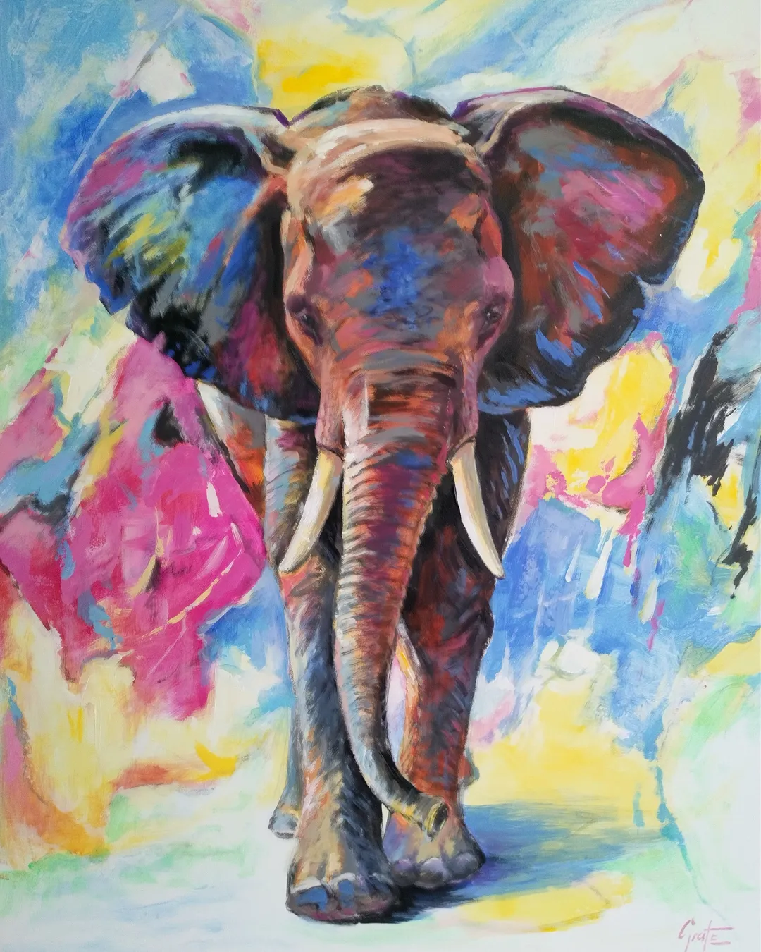 „Elephant modern“ von Erich Graf: frontal schreitender Elefant vor leuchtend abstraktem Blau-Gelb-Magenta-Hintergrund, Acryl auf Leinwand, 80×100 cm.