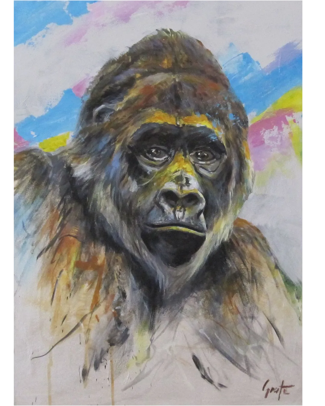Gorilla modern“ von Erich Graf: nahes Gorillaporträt vor abstrakt-buntem Hintergrund mit gestischen Farbläufen, Acryl auf Leinwand, 50×70 cm.