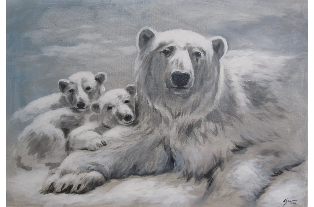Acrylgemälde „Polarbear family“ von Erich Graf: Eisbärin liegt schützend mit zwei Jungtieren in einer monochromen, grautonigen Arktis-Atmosphäre (50×70 cm).