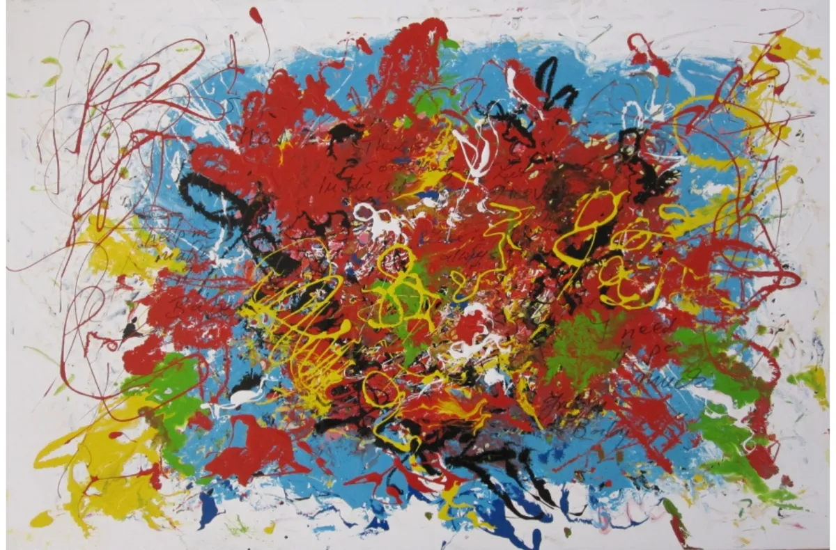 Abstraktes Gemälde mit explosiver, zentraler Farbverdichtung aus Rot, Gelb, Grün, Blau, Schwarz und Weiß – dynamische Drippings und Spritzer auf weißem Grund; Lack auf Leinwand, 80 × 120 cm, von Christine Graf.