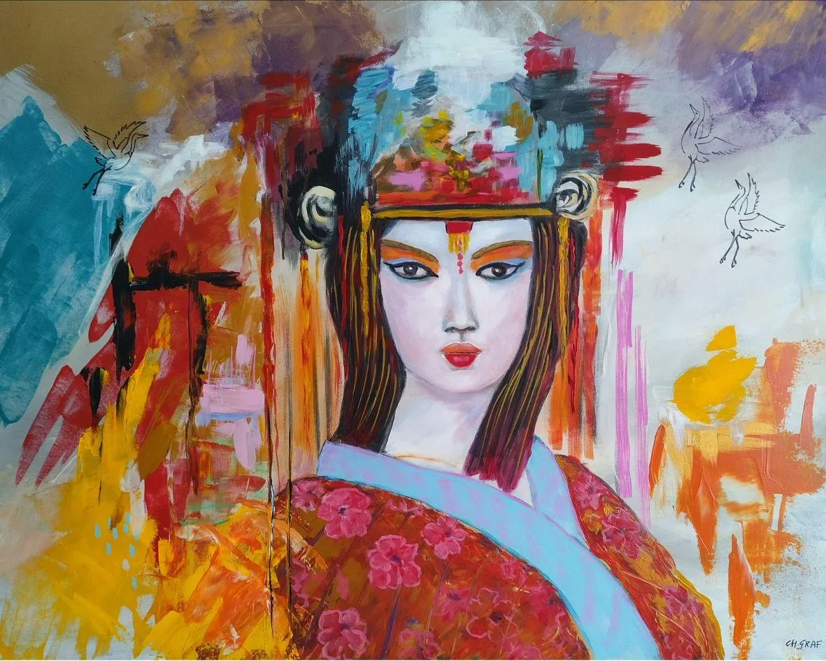 Porträt einer Geisha im roten Kimono mit türkisfarbener Schärpe vor abstraktem Farbraum; gezeichnete Kraniche, kalligrafische Akzente; Acryl auf Leinwand, 80 × 100 cm, von Christine Graf.