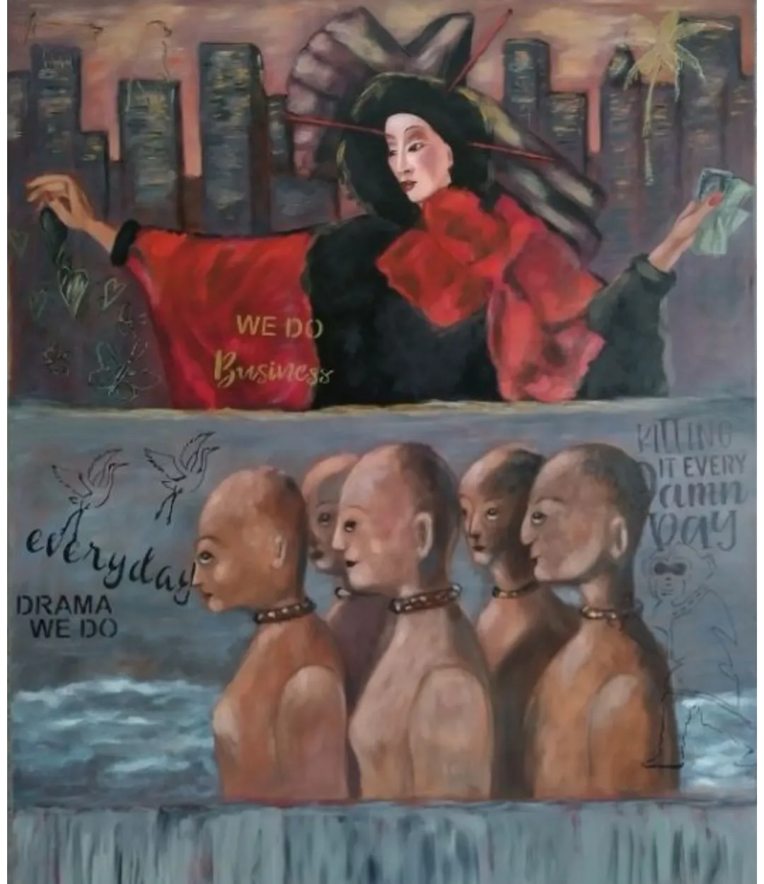 Abstraktes Lackgemälde mit hellem, weiß-gelbem Himmelsverlauf, roten/orangen Zonen und schwungvollen blauen, gelben, schwarzen Drippings; 80 × 100 cm, Christine Graf.