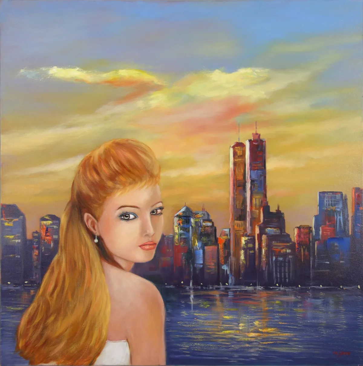Porträt einer jungen Frau mit kupferblondem Haar vor leuchtender New-York-Skyline bei Abendlicht; Wasserreflexe, zarte Schriftzüge und Ballons; Öl auf Leinwand, 80 × 80 cm, von Christine Graf.