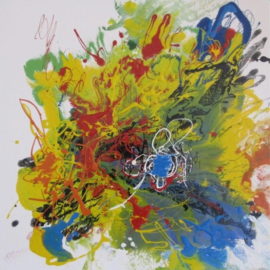 Abstraktes Gemälde mit leuchtendem blauem Punkt im Zentrum, umgeben von gelben, roten, grünen und schwarzen Drippings und Farbschichten; Lack auf Leinwand, 50 × 50 cm, Christine Graf.