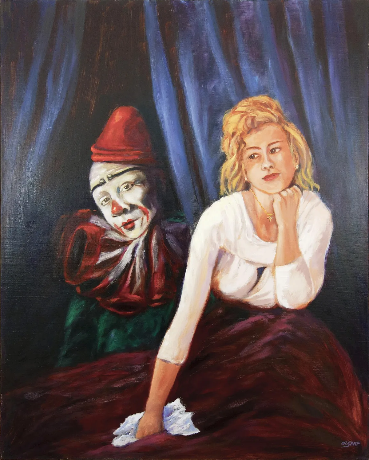 Junge Frau in weißer Bluse vor dunkelblauen Vorhängen, mit zerknülltem Brief in der Hand; neben ihr eine Clownsfigur mit roter Kappe. Öl auf Leinwand, 80 × 100 cm, Christine Graf.