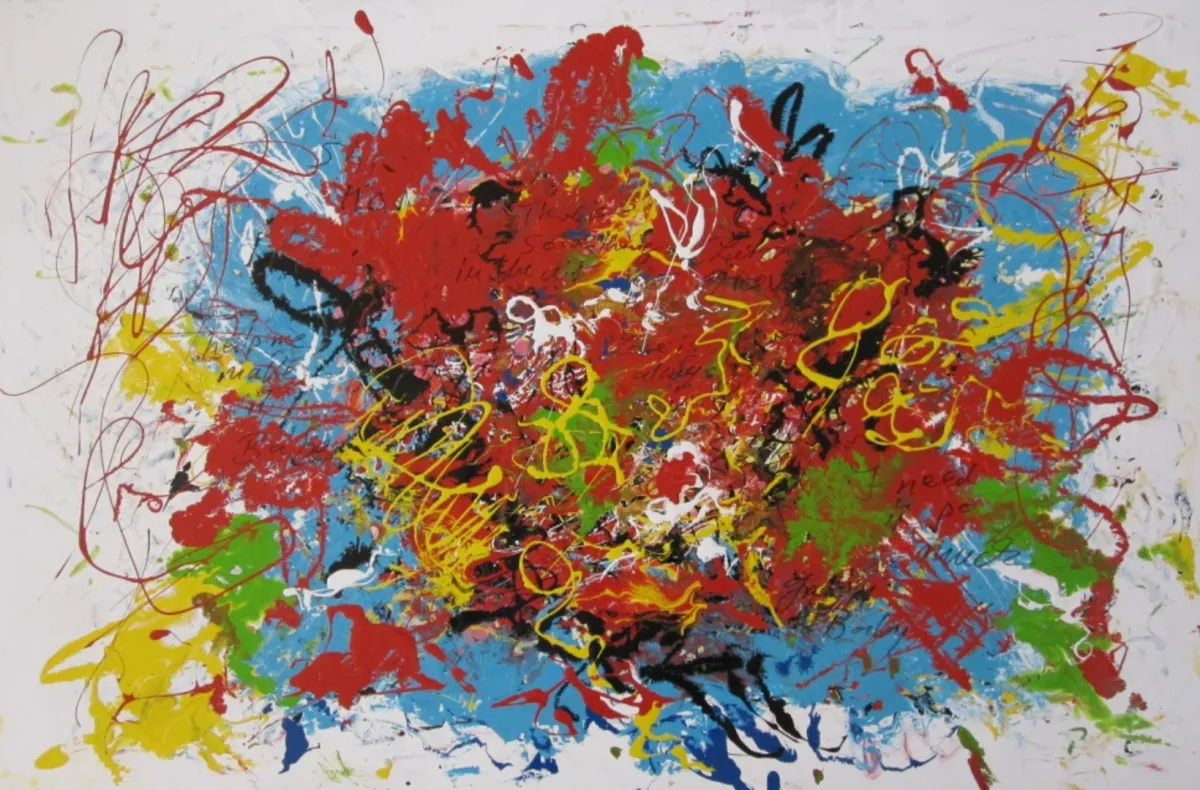 Abstraktes Gemälde mit explosiver, zentraler Farbverdichtung aus Rot, Gelb, Grün, Blau, Schwarz und Weiß – dynamische Drippings und Spritzer auf weißem Grund; Lack auf Leinwand, 80 × 120 cm, von Christine Graf.