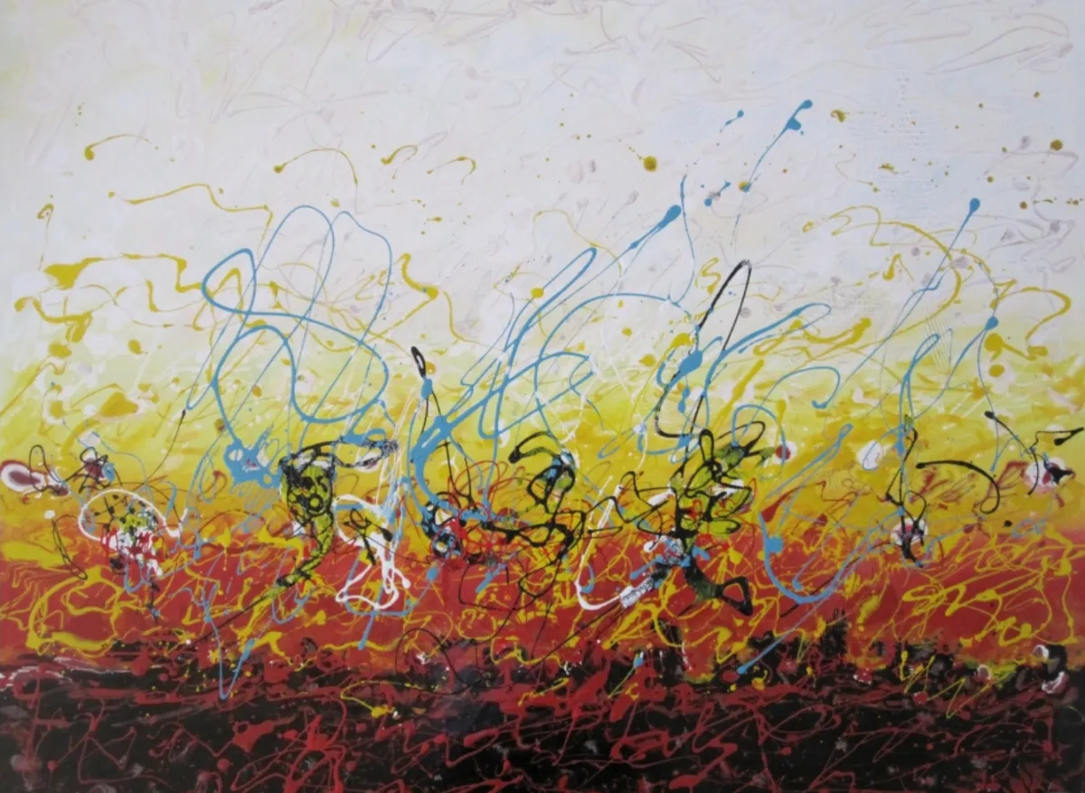 Abstraktes Lackgemälde mit hellem, weiß-gelbem Himmelsverlauf, roten/orangen Zonen und schwungvollen blauen, gelben, schwarzen Drippings; 80 × 100 cm, Christine Graf.