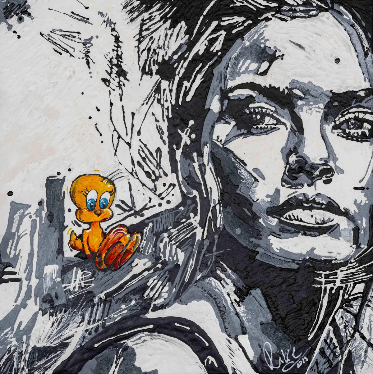 Acrylgemälde ‚Schulterblick (Throw Back)‘ von Rike Wölke: monochrome, tropfend gezogene Linien formen ein Frauenporträt; farbiger Tweety sitzt auf der Schulter und blickt optimistisch nach vorn (50×50 cm, 2023)