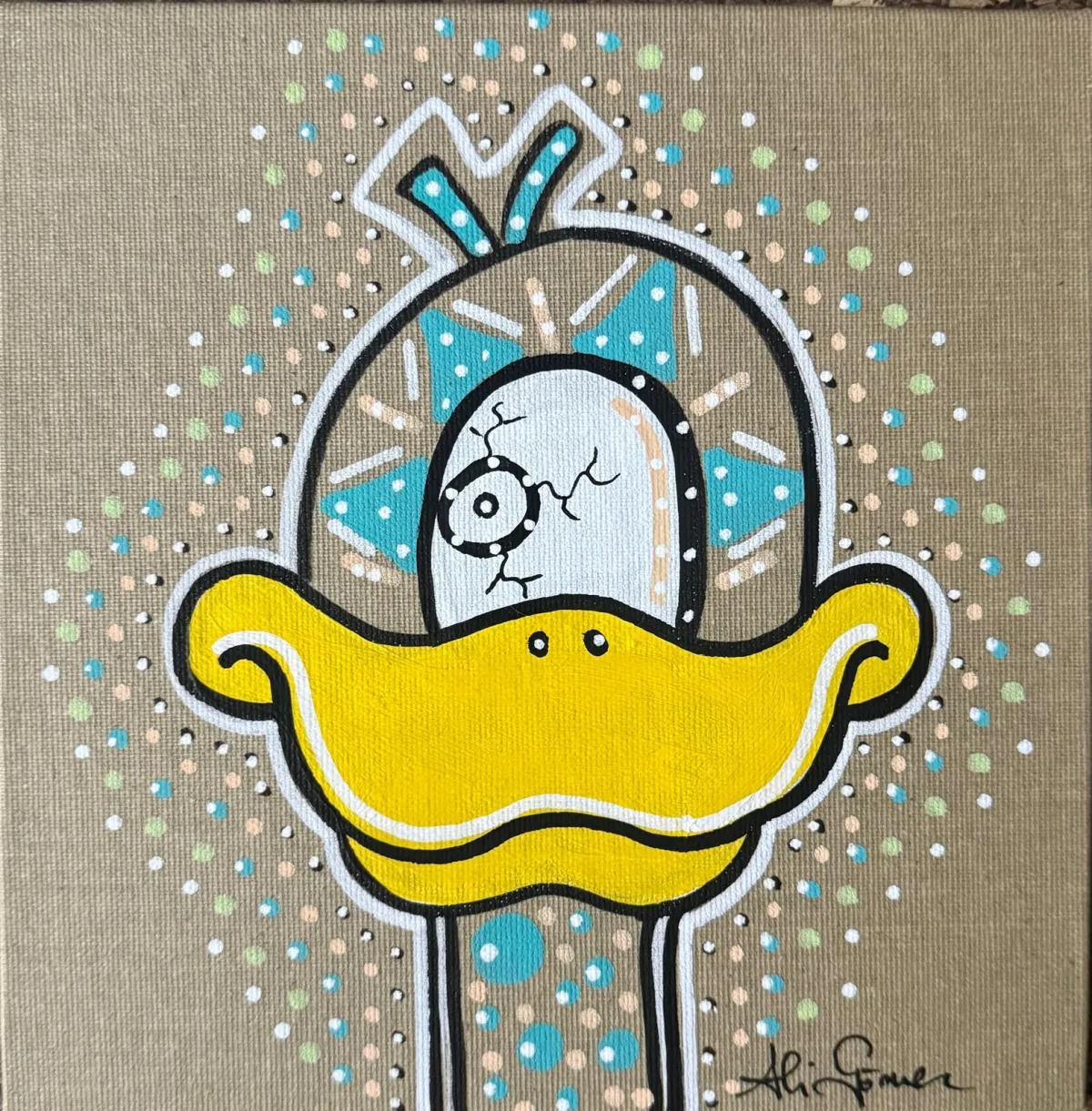„Focky 1 – Edition November 2025“ von Ali Görmez: Pop-Art-Ente mit Fokus-Auge, Acryl auf naturfarbener Malplatte 20 × 20 cm.